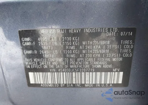 2015 Subaru Outback 2.5I Limited z USA, uszkodzony, nr VIN 4S4BSBJC5F3207719